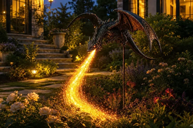 A detailed solar dragon garden statue breathing a stream of warm glowing sparks into a night flower bed