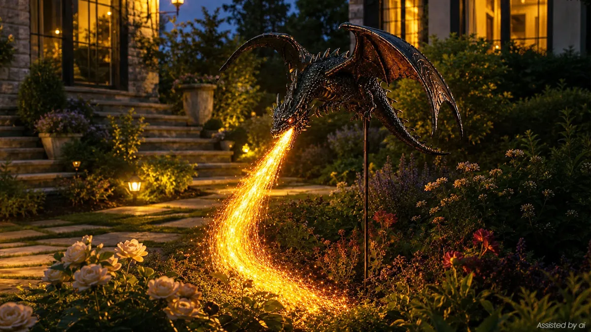 A detailed solar dragon garden statue breathing a stream of warm glowing sparks into a night flower bed