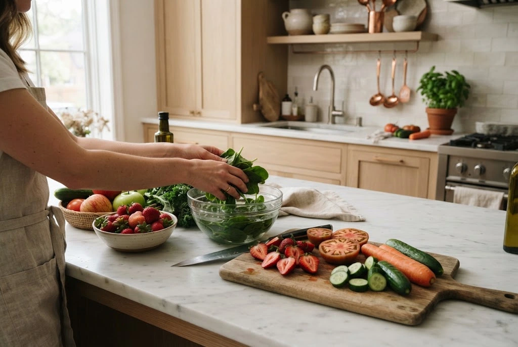 Fresh fruits and vegetables being prepared for cleaning in a modern kitchen