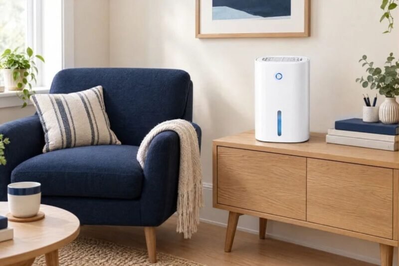 Drydon dehumidifier placed on a wooden cabinet inside a cozy living room to control humidity