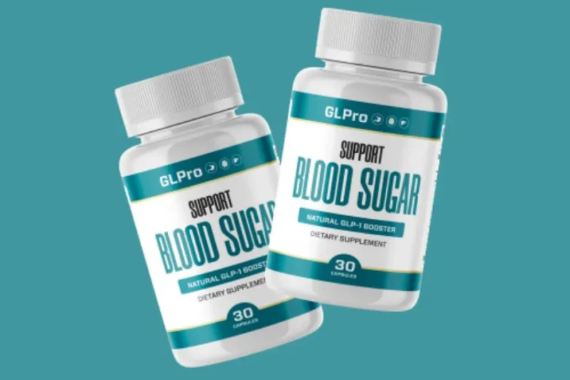 Two bottles of GLPro blood sugar support supplement floating on a teal background