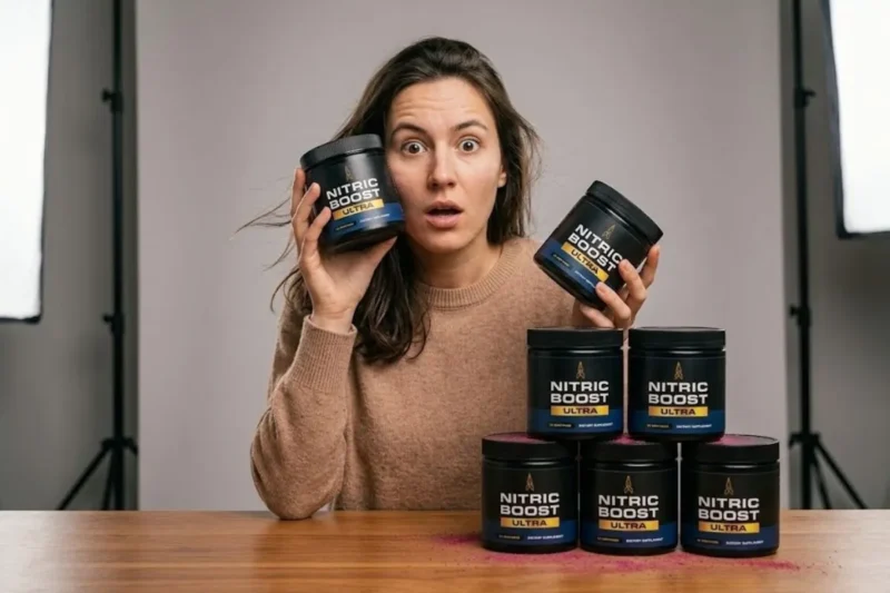 Jully Albert looking surprised while holding Nitric Boost Ultra supplement jars for a product review