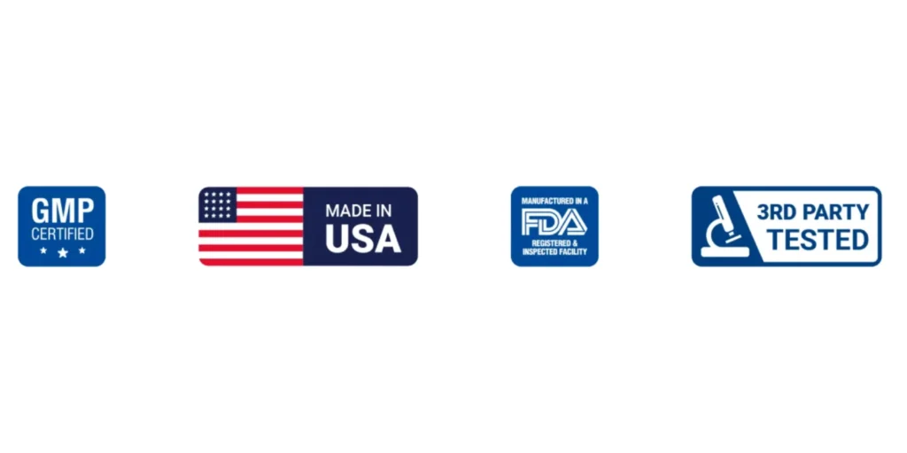 Trust badges showing GMP certified, Made in USA, FDA registered facility, and 3rd party tested for Nitric Boost