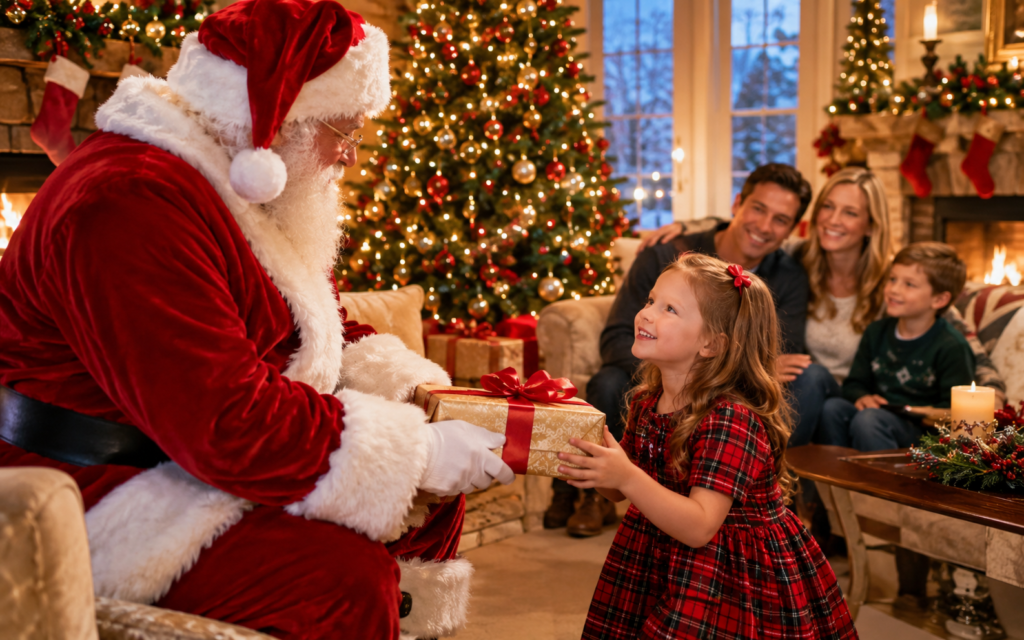 Santa Claus handing a wrapped Christmas gift box to a young girl as the best kids GPS watch gift for the holidays