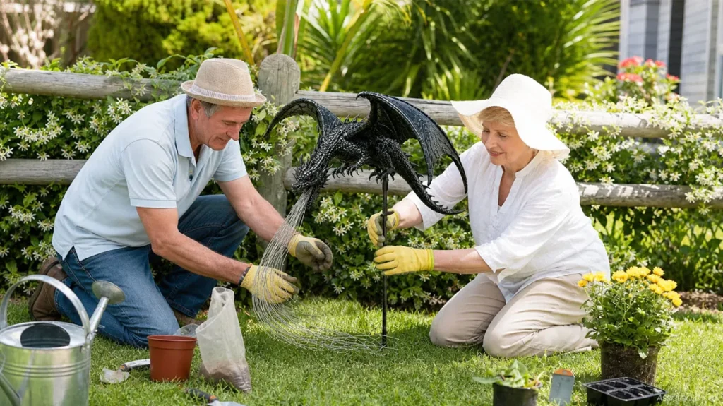 A senior American couple installs the Shirem Solar Dragon Garden Statue in their sunny backyard garden, showing the dragon's glowing light beam effect