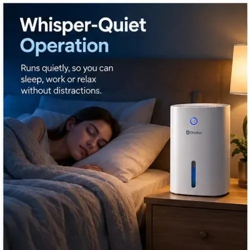 Drydon dehumidifier operating silently on a bedside table while a woman sleeps peacefully in a quiet bedroom